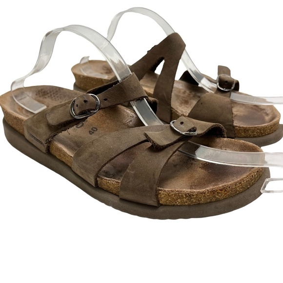 MEPHISTO Taupe Brown Genuine Leather Sandals Slides Flip Flops Casual Shoes  40 - Picture 1 of 16